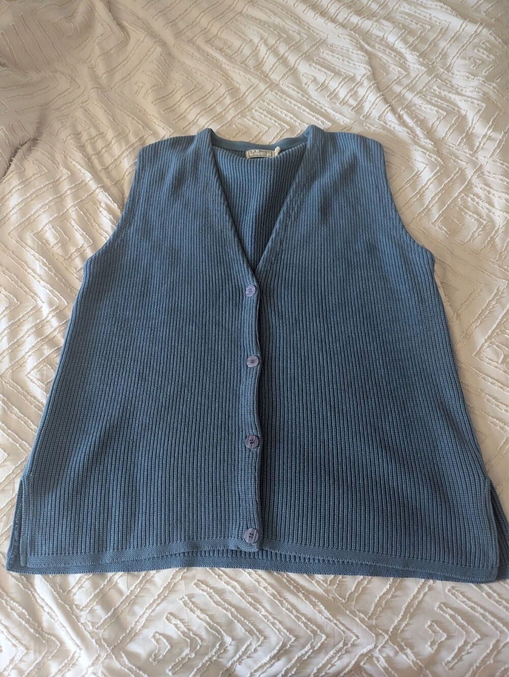 vtg L.L. Bean Knit Cardigan Vest XL Slate Blue Cotton Made in USA V-Neck buttons